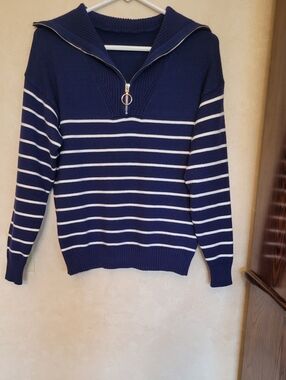 Women's Navy and White Striped Zip-Front Sweater